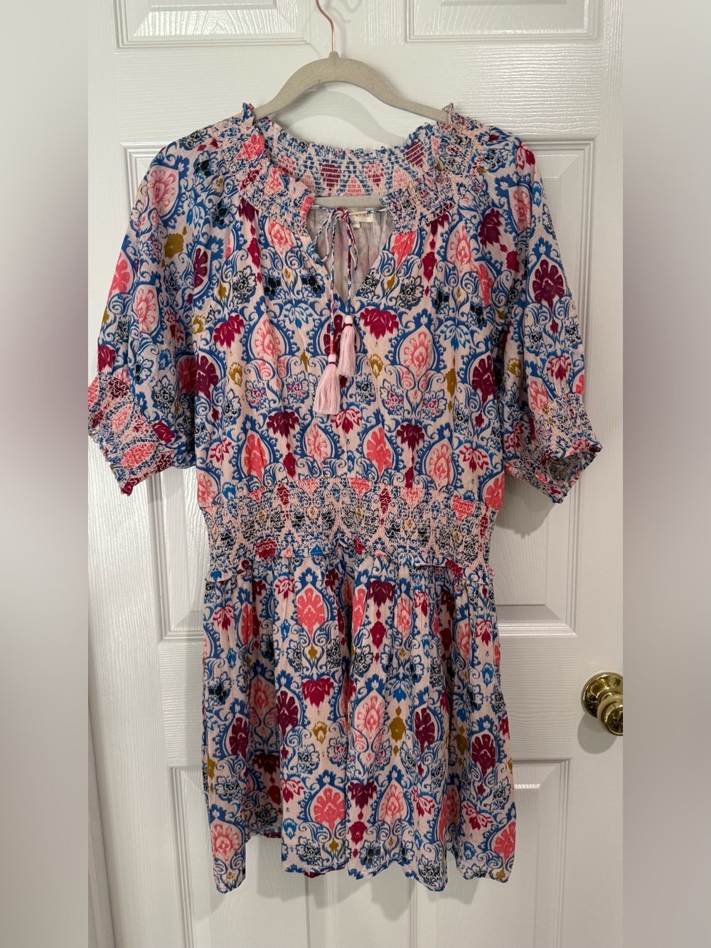 Roller Rabbit Floral Smocked Midi Dress in Blue, Pink and Cream